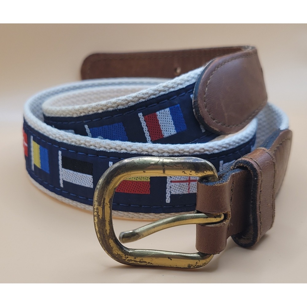 Zep-Pro Mens Nautical Signal Flag Belt Size 32 Leather Webbing Solid Brass USA